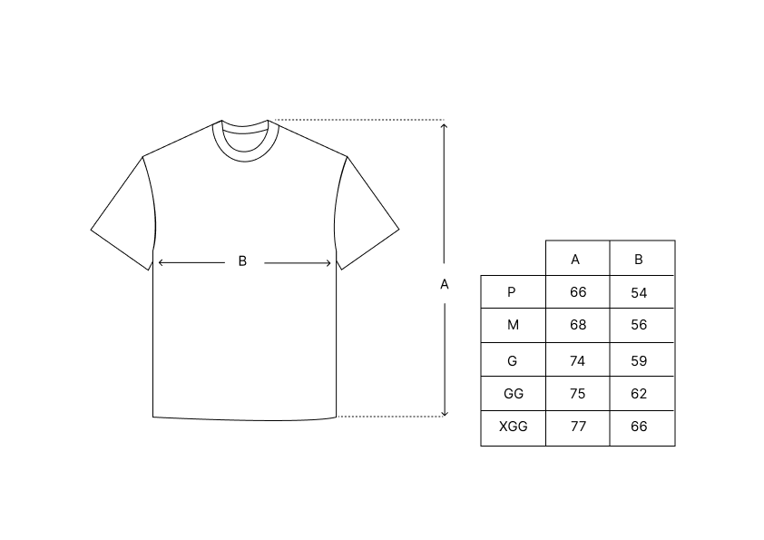 Guia de medidas: camiseta com tabela P–XXG (A e B)