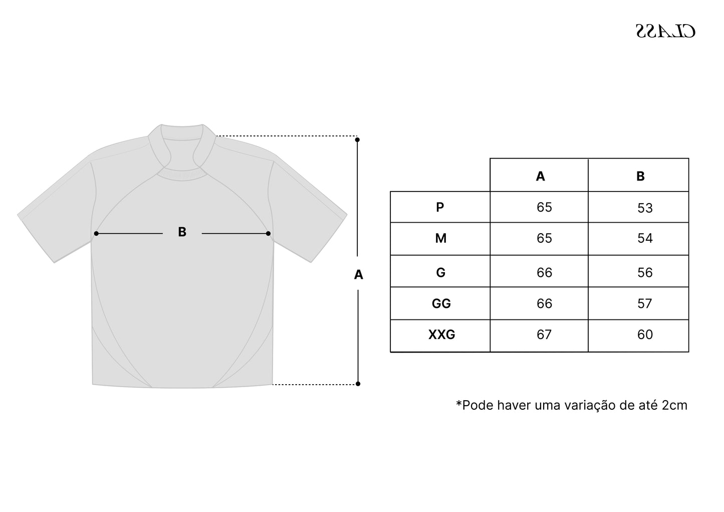 Tabela de medidas de camiseta com tamanhos P, M, G, GG e XXG