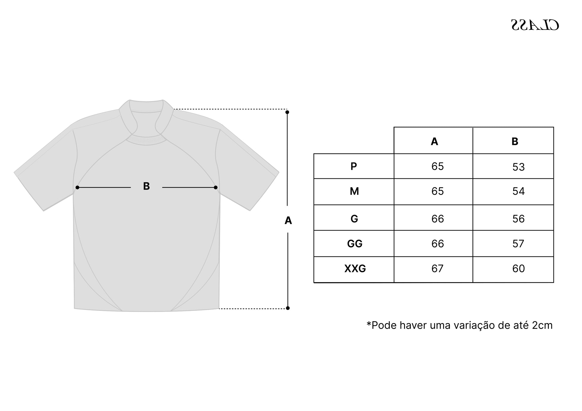 Tabela de medidas de camiseta com tamanhos P, M, G, GG e XXG