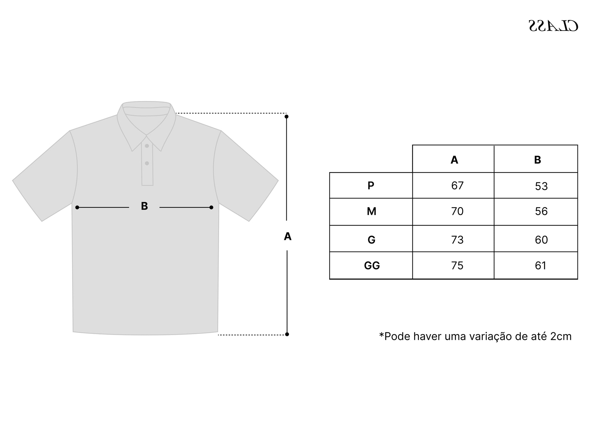 Tabela de medidas da camiseta polo CLASS PIPA: tamanhos P, M, G e GG