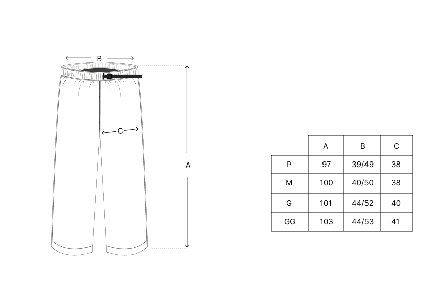 Tabela de medidas da calça: medidas A, B e C por tamanho (P, M, G, GG).