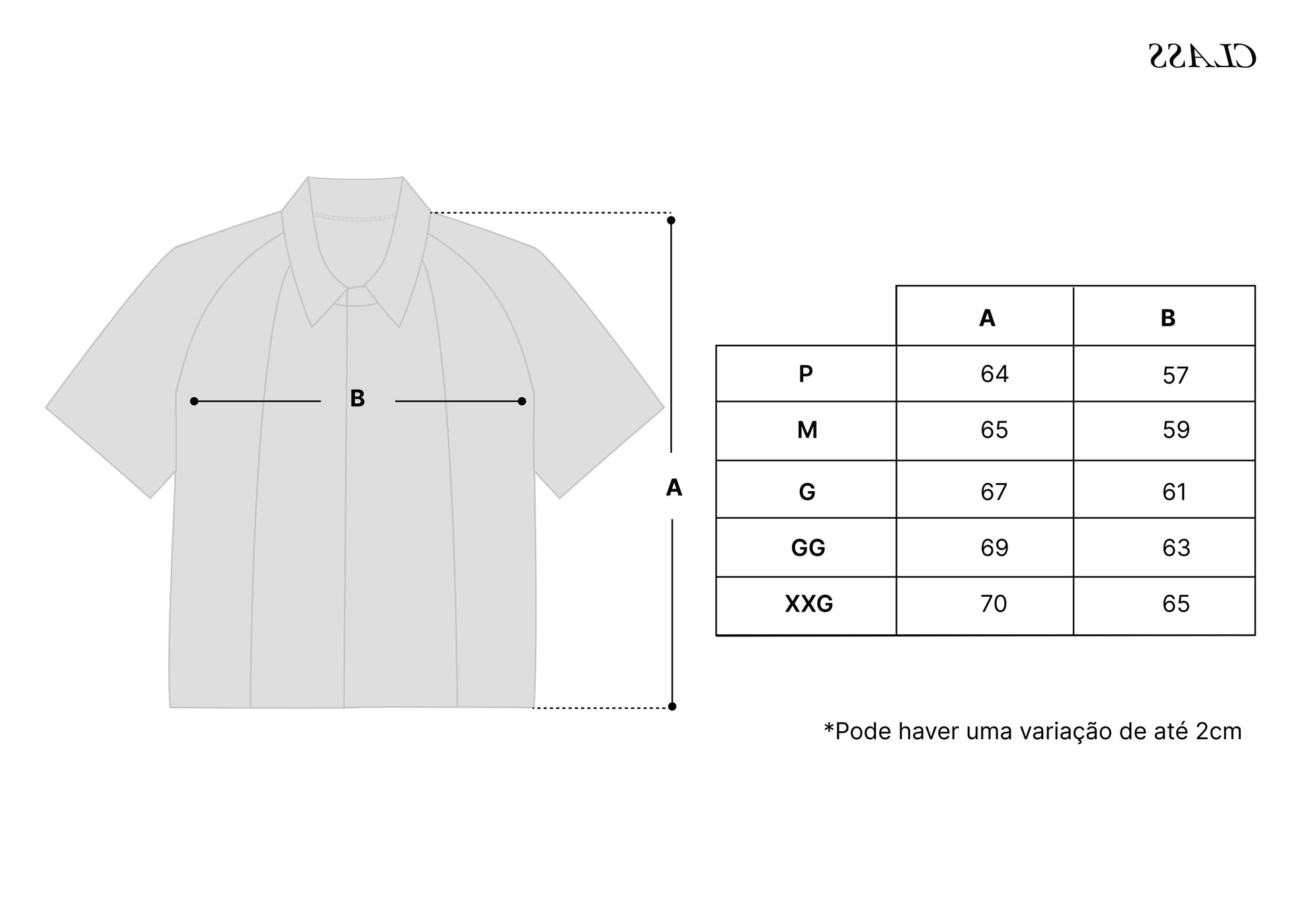 Tabela de medidas da camisa, tamanhos P a XXG (variação em cm)