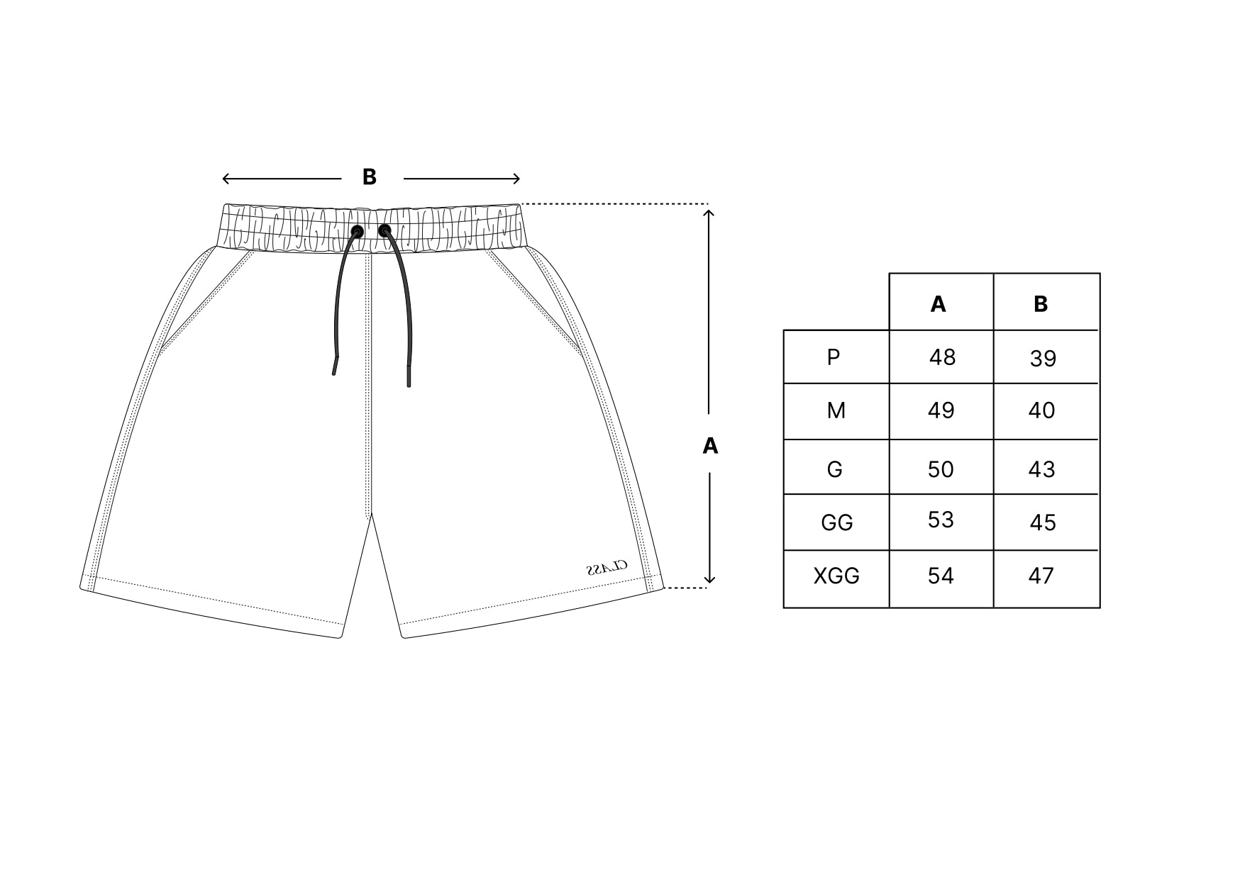 Ilustração de shorts com tabela de medidas e dimensões A e B