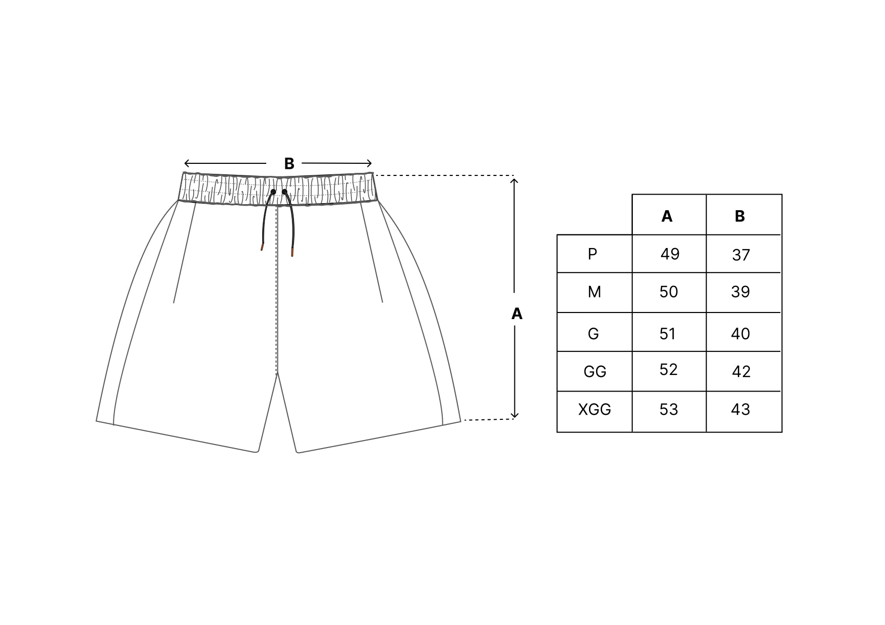 Tabela de medidas do shorts com alturas A e larguras B por tamanho P a XGG.