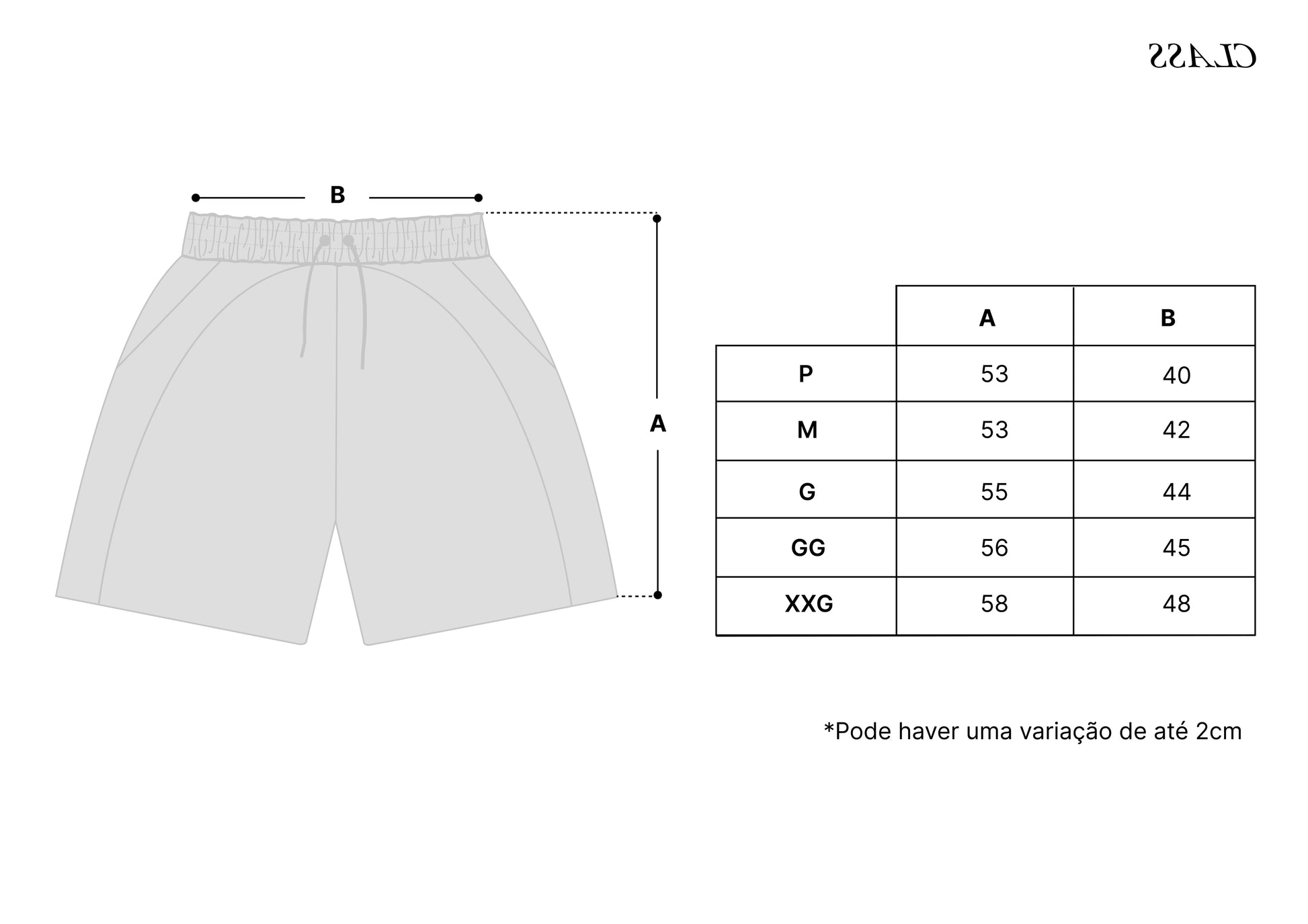 Tabela de medidas: short com dimensões A e B para P, M, G, GG e 3G