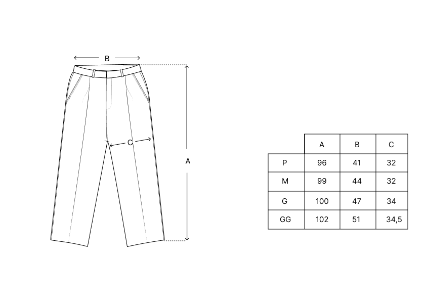 Tabela de medidas da calça: P, M, G e GG com numeração em cm