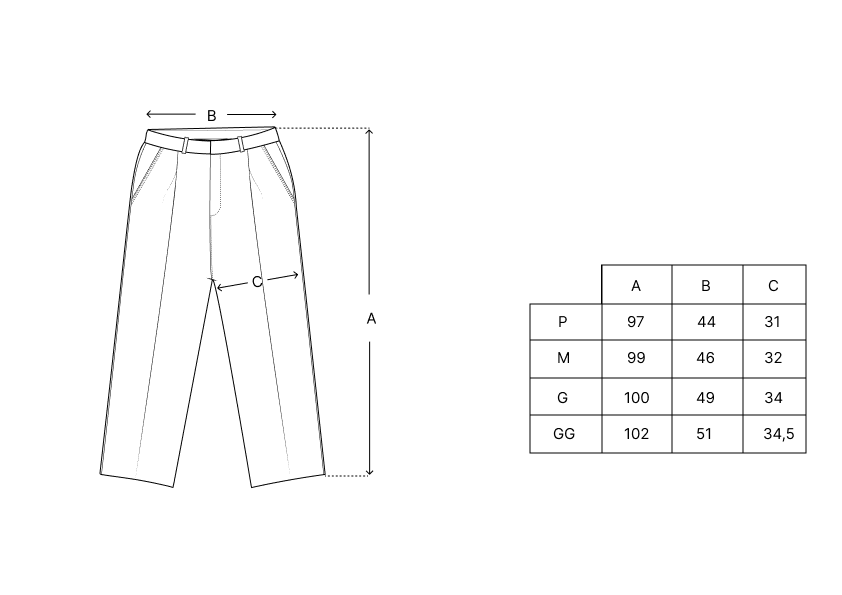 Tabela de medidas da calça: tamanhos P, M, G, GG e medidas A, B, C