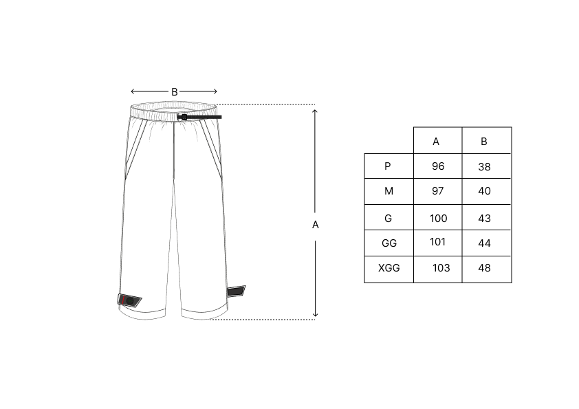 Desenho técnico da calça com medidas por tamanho P, M, G e GG