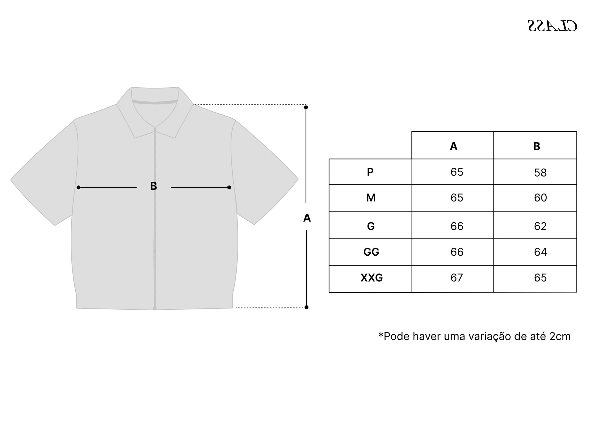 Tabela de medidas com diagrama de camisa de manga curta