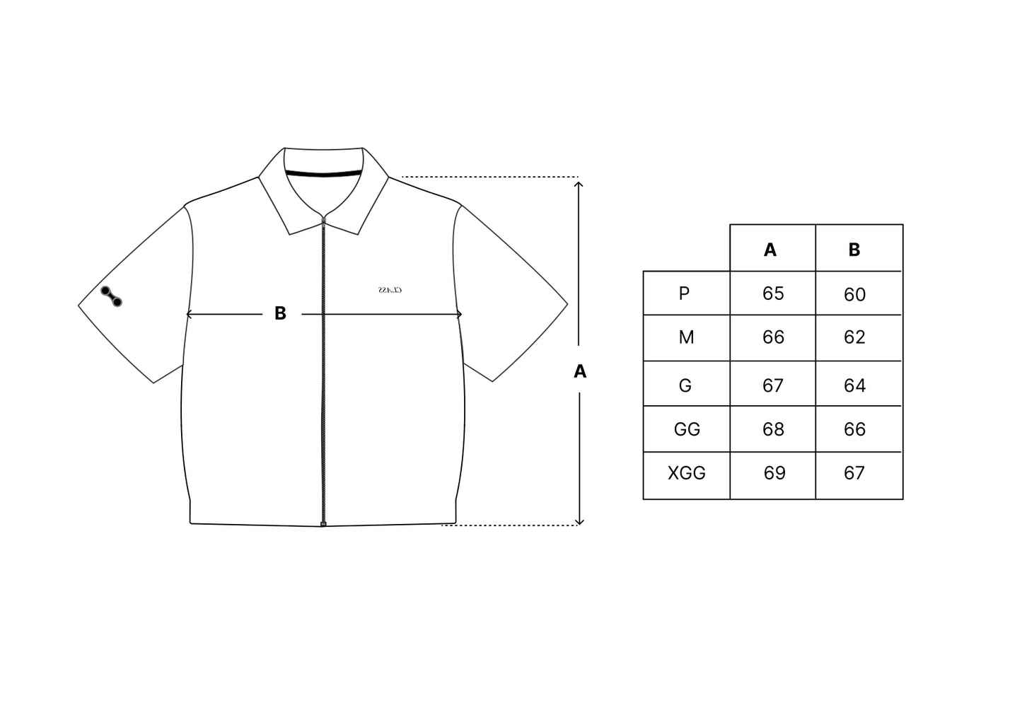Camisa com zíper preta: diagrama de medidas e tabela de tamanhos P a 3GG