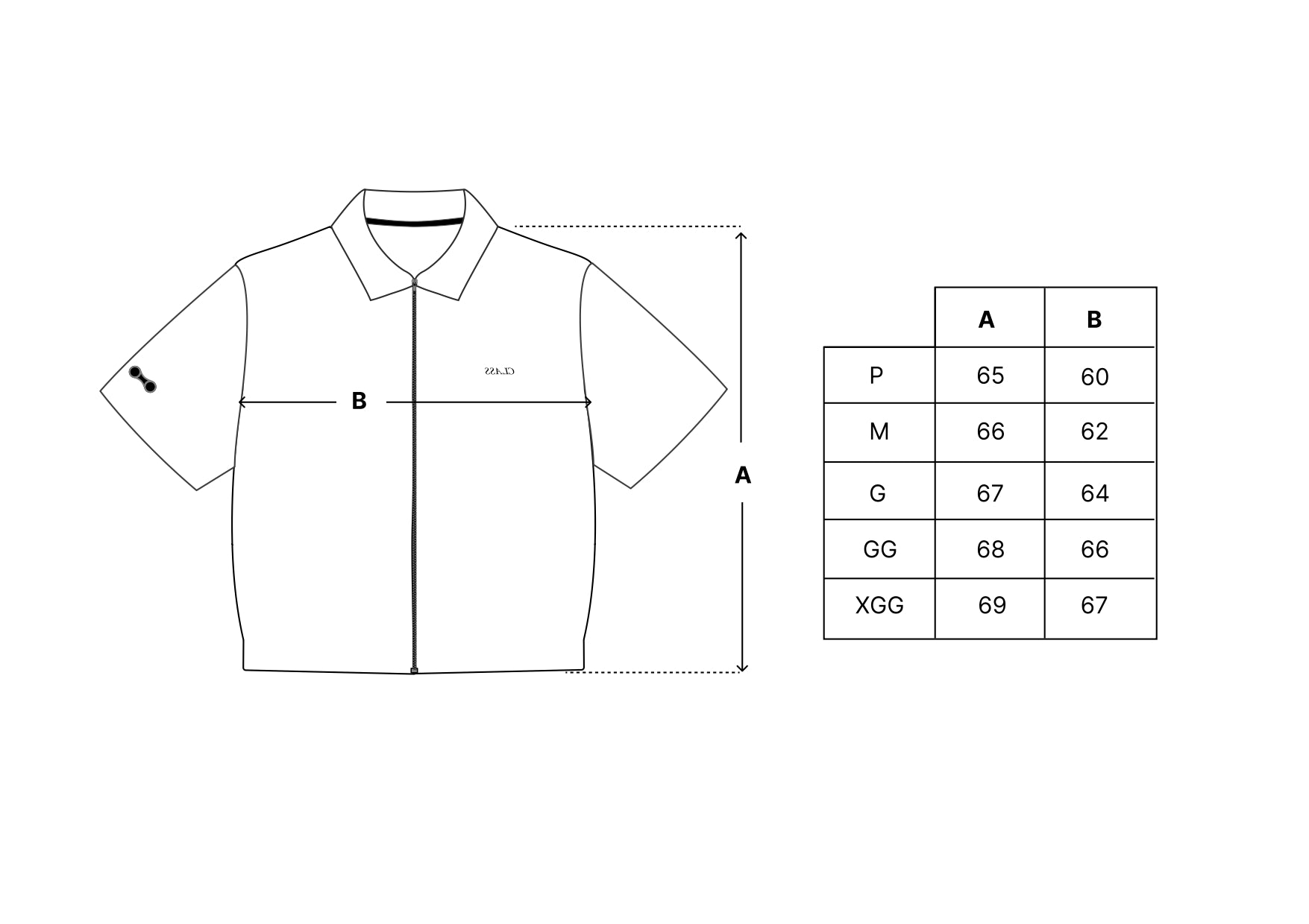Camisa com zíper preta: diagrama de medidas e tabela de tamanhos P a 3GG